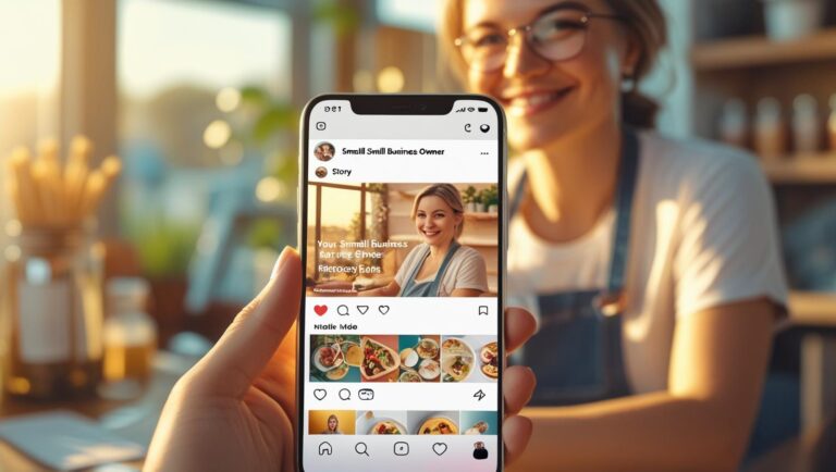 A smartphone screen showing a story post (video or reel), a small business owner in the background, warm engaging tones, room for headline text.