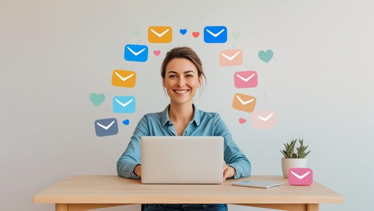 A-small-business-owner-at-a-laptop-sending-emails-with-icons-of-envelopes-turning-into-heart_customer-icons-clean-flat-design-room-for-text-overlay.